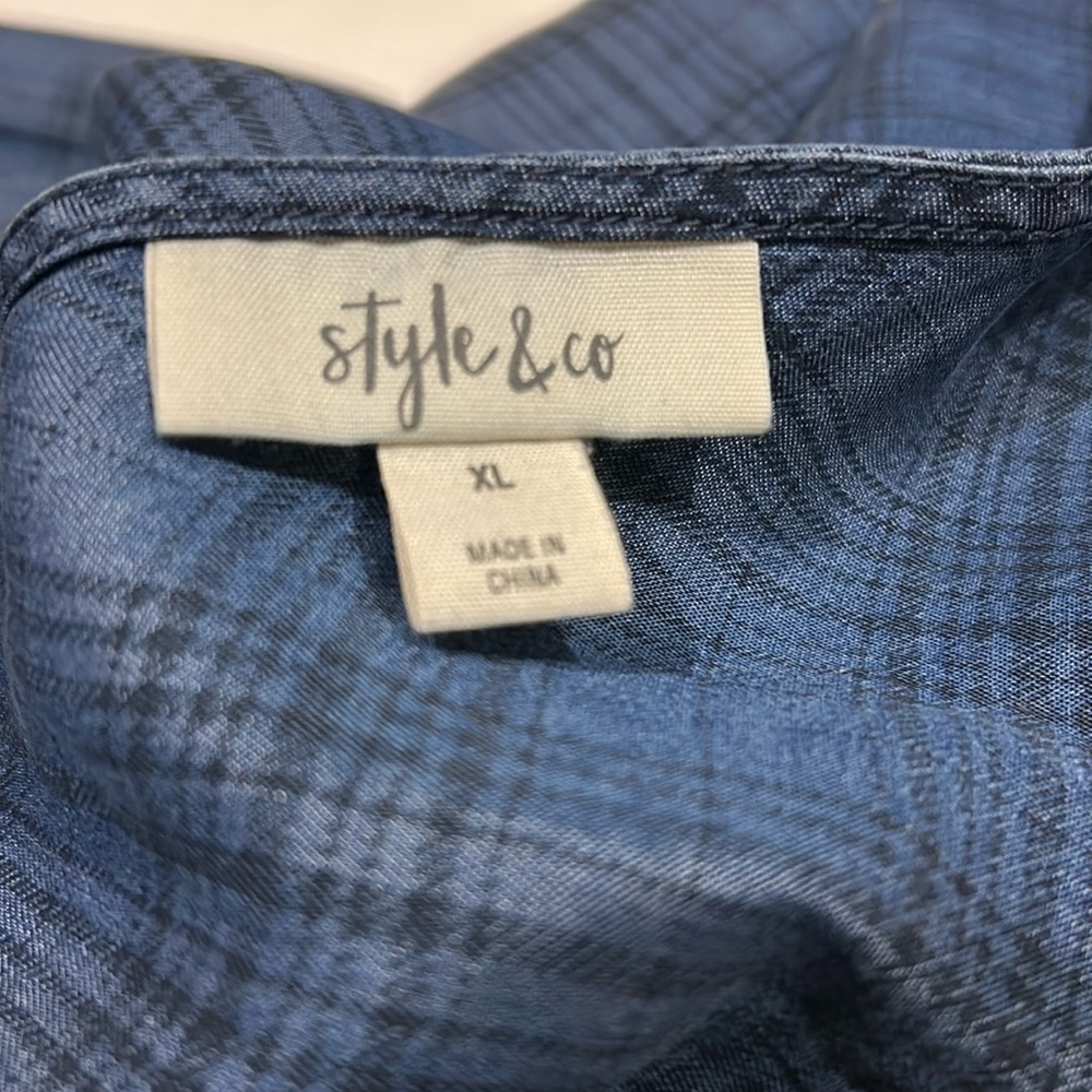 NWOT Style & Co denim 1/4 button chambray tunic pleated top flannel imprint XL - Picture 4 of 7